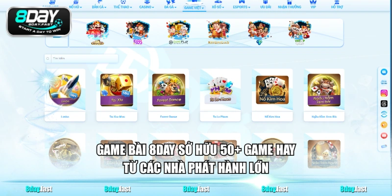 Game bài 8DAY sở hữu 50+ game hay từ các nhà phát hành lớn